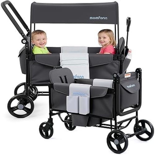 MOMFANN Wagon Stroller for 2 Kids, All-Terrain Foldable Baby Wagon with Adjustable Push & Pull Handle, 5-Point Harness, Removable Canopy, Footwell & Large Storage Bag-Dark Gray