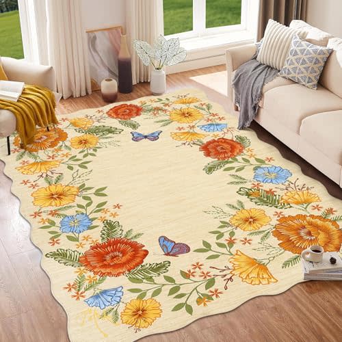Garvee 8x10 Scalloped Floral Rug Modern Area Rugs for Living Room Ultra Soft Washable Rugs for Bedroom Non Slip Contemporary Nursery Rug Non Shedding Flowers Carpet for Dining Room, Yellow