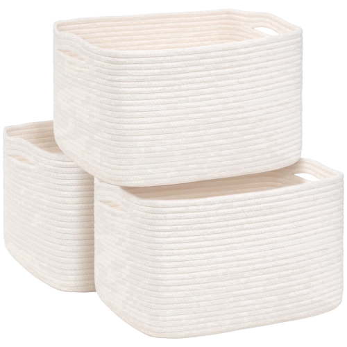Natubeau 3pk Cotton Rope Woven Storage Baskets, Foldable Organizer Bins for Shelves, Nursery, Closet