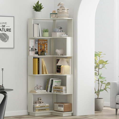 GVN L Shaped Corner Bookshelf 6 Tier Wooden Bookcase Freestanding Open Shelf Organizer with Anti Tipping for Home Office, White