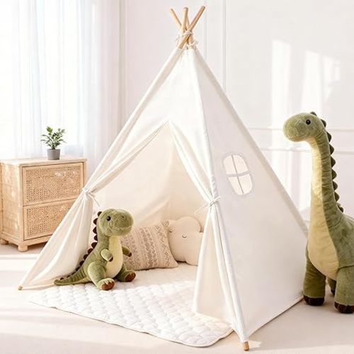 Sumbababy Teepee Tent for Kids, Cotton Canvas Indoor Play Tent, Foldable Toddler Sleepover Tents for Girls & Boys Slumber Party, Washable Gift Set with Star Lights, Banner & Carry Bag