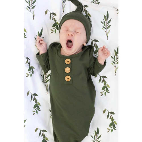 Solid Olive Bamboo Baby Knot Gown & Hat