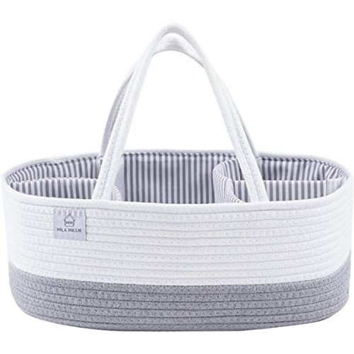 Mila Millie Baby Extra Large Cotton Rope Diaper Caddy | Organizer Storage Bin for Nursery Essentials | Portable Bag for Changing Table and Car | 100% Natural Cotton | Eco friendly (White & Gray)