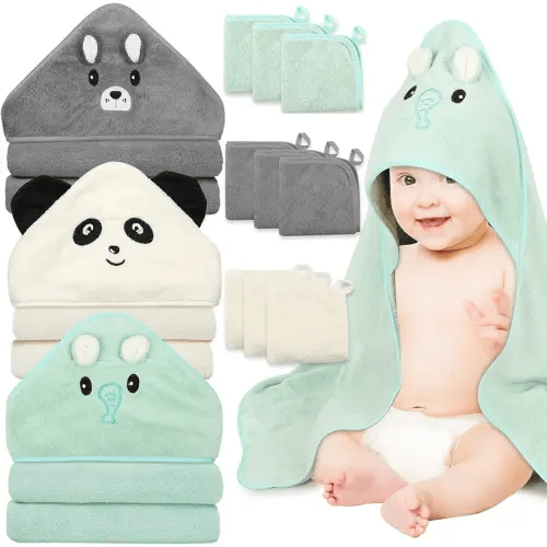 12 PCS Baby Towels, 3 PCS Soft Hooded Baby Towels & 9 PCS Washcloths, Baby Bath Towels for Newborns, Infants & Toddlers- Ultra Absorbent, Cute Baby Towel Gift for Boys & Girls