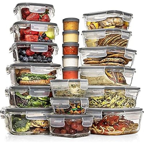 Razab 35 Pc Set Glass Food Storage Containers with Lids - Meal Prep Airtight Bento Boxes BPA-Free 100% Leak Proof (15 lids,15 glass & 5 Plastic Sauce/Dip Containers)
