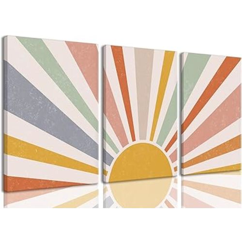 okudolit Boho Sun Canvas Wall Art prints Set of 3 Rainbow Sun Rising on Horizon Line Wall Decor Colorful Abstract Geometric Paintings Pictures for Living Room Bedroom Toddler Kids Room-12x16in