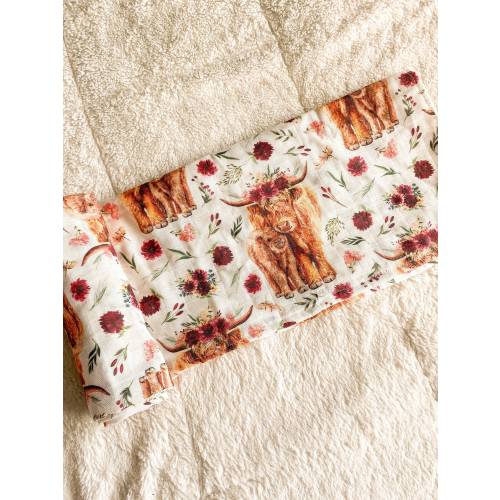 Floral Highland Cow Baby Crib Blanket, Farm Nursing Pillow Cover, Cow Crib Sheet, Farm Muslin Swaddle, Minky Lovey