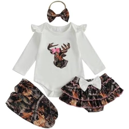Hunting Baby Girl Outfit Deer Embroidery Ruffle Long Sleeve Romper Jungle Camo Skirt Headband Socks Set Fall Clothes