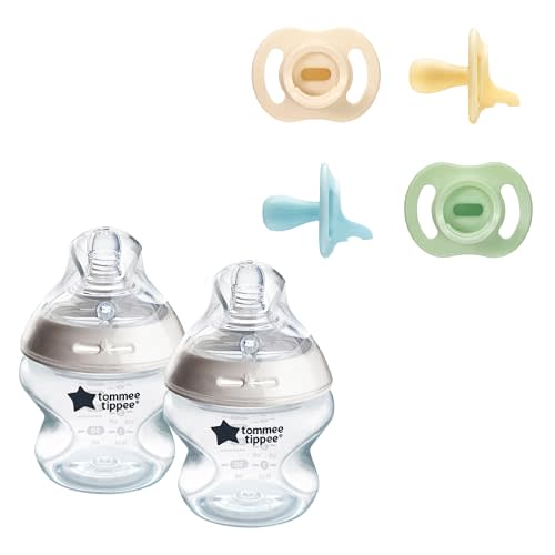 Tommee Tippee Pacifier and Bottle Bundle, 4 Ultra-Light StayPut Pacifiers, One-Piece Silicone Design, 0-6 Months, 2 Natural Start Anti-Colic 5 oz BPA Free Baby Bottles, 0+ Months, Blue, 6 Pieces