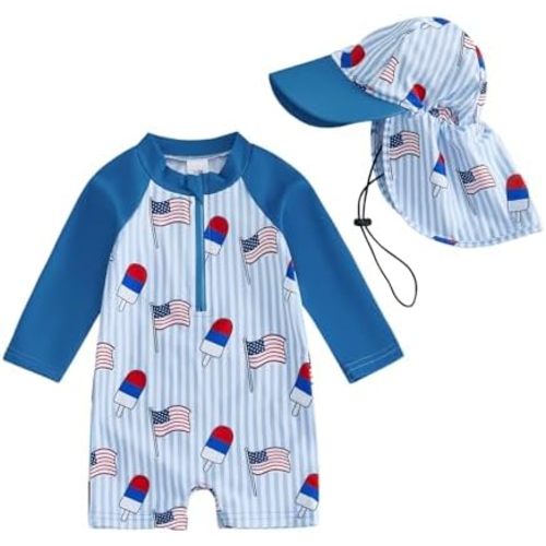 Socutebabe Infant Baby Boy 4th of July Swimsuit Toddler Rash Guard Baby One Piece Swimwear Sunsuit Bathing Suit Beachwear Hat