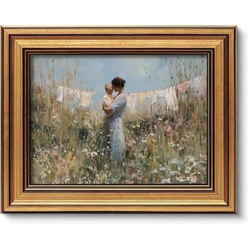 ARPEOTCY Vintage Gold Framed Canvas Wall Art, 8x10 Mother and Child Floral Painting, Cottagecore Farmhouse Decor, Soft Wildflower Artwork for Bedroom or Nursery