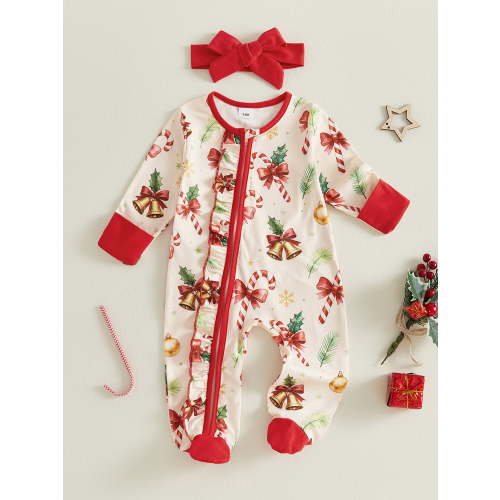 Baby Girl Christmas Outfit Crew Neck Long Sleeve Footie Bow Headband 2Pcs