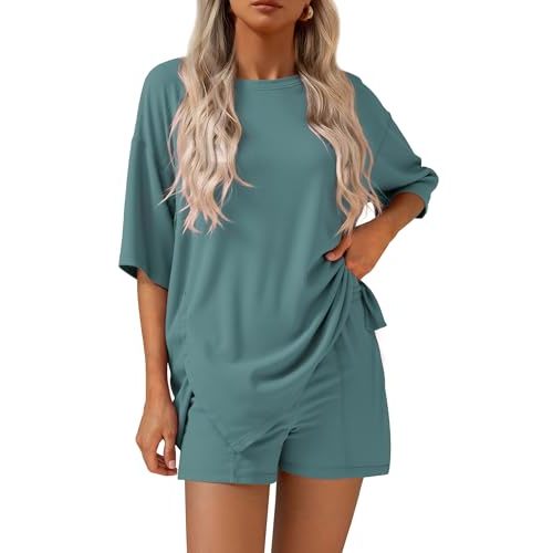 KIRUNDO 2 Piece Sets for Women Summer Lounge Sets Casual Oversized Tshirts Shorts Matching Airport Travel Outfits Postpartum