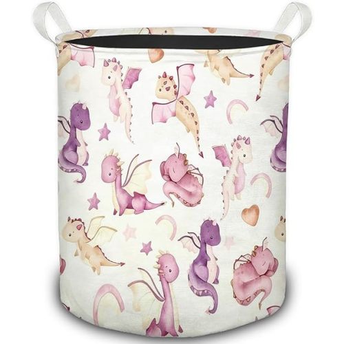Pink Purple Dragon Nursery Laundry Basket, Fantasy Cute Dragons Foldable Laundry Hamper With Handles Clothes Toys Storage Basket for Baby Girl Nursery Bedroom Kids Room Bathroom