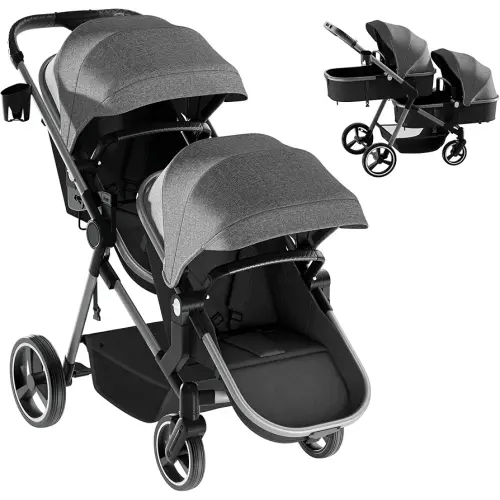 MU Double Stroller, Foldable Twin Tandem Stroller with Adjustable Backrest, Reversible Seat, 5-Point Harness, Storage Basket, Convertible Baby Bassinet for Infant and Toddler, Gray