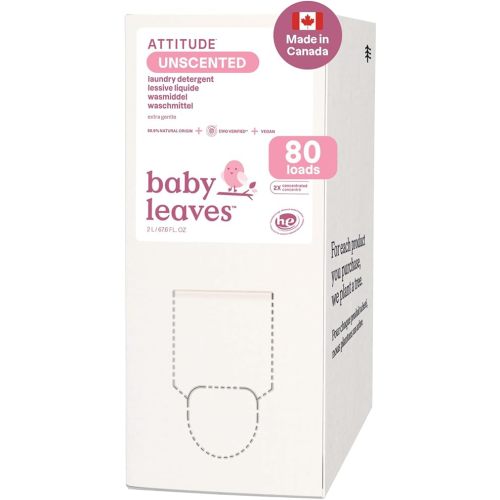 ATTITUDE Baby Laundry Detergent Liquid, Made in Canada, EWG Verified, Safe for Baby Clothes, Infant and Newborn, Vegan Washing Soap, HE Compatible, Unscented, Bulk, Refill, 80 Loads, 2 Liters