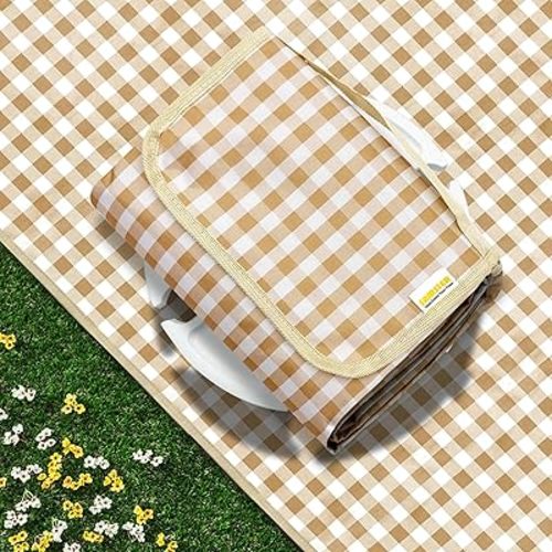 SAMSIER Outdoor Picnic Blankets Waterproof Foldable Sandproof, Large Gingham Cute Picnic Mat Washable Portable for Park Beach Camping Courtyard (Coffee, 60"×80")
