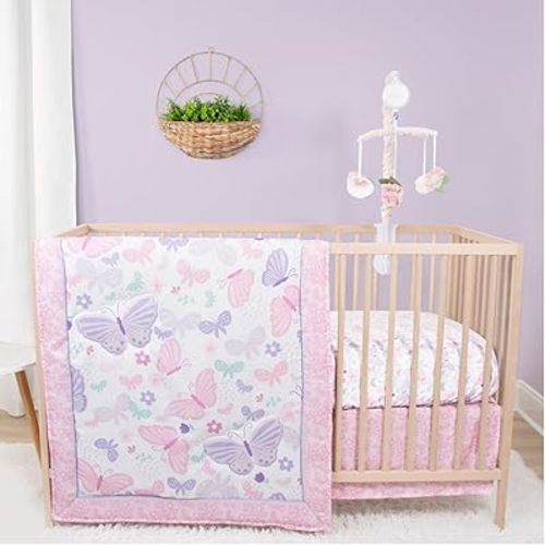 The Peanutshell 4 Piece Baby Crib Bedding Set for Girls - Newborn, Infant & Toddler Nursery Bed Set with Fitted Crib Sheet, Dust Ruffle, Comforter, Mobile - Butterfly Floral Nursery Decor
