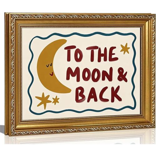 FKRYTYB Cute Whimsical Moon & Star Wall Art, Ornate Gold Framed Nursery Decor, To the Moon & Back Art Print, Ready to Hang Boho Quote for Gender Neutral Baby Room, 16x12
