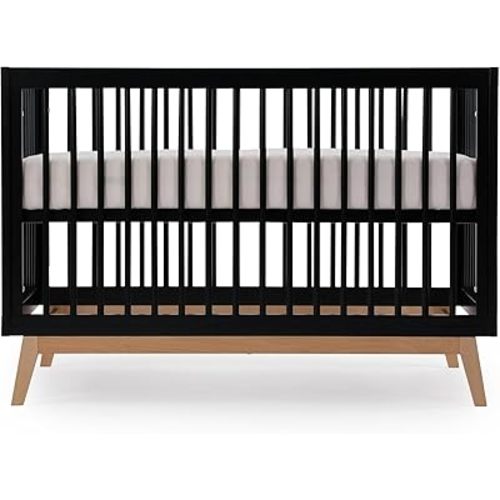 dadada Baby Soho 3 in 1 Convertible Wooden Crib to Toddler Bed - Made in Italy, GREENGUARD Gold Certified, Baby-Safe Finish, Sustainable Beech Wood, Modern Design, 3 Adjustable Heights (Black/Natural)