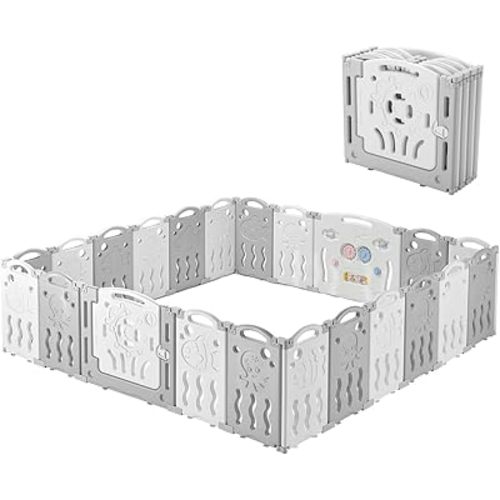 Albott Baby Playpen 22 Panel Foldable Baby playpen Folding Play Pen Kids Activity Centre Safety Play Yard Home Adjustable Shape, Portable Design for Indoor Outdoor Use (White+Grey, 22 Panel)