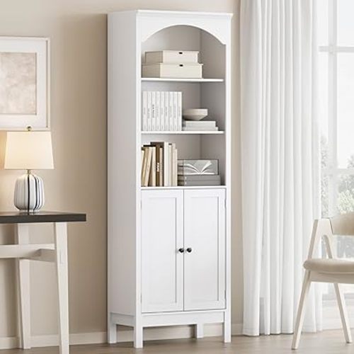 Bookshelf with Doors, 71" Tall Wood Book Shelf with Cabinet, 24" Wide Arched Bookcase with Adjustable Shelf, Floor Standing Display Storage Cabinet for Home Office, Study and Living Room, Modern White