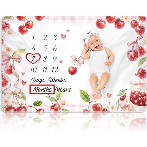 Nuanchu Cherry Baby Monthly Milestone Blanket Baby Girl Boy 60" x 40" Soft Fleece First 12 Months Growth Chart Newborn Photography Background Baby's First Year Milestone Blanket Nursery Decor