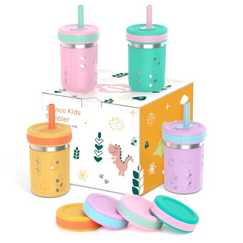 Tronco [4 Pack] 10 oz 2-in-1 Stainless Steel Kids Tumbler Cups with Silicone Sleeves, Spill-Resistant Flexible Straws & Storage Lids, BPA-Free Smoothie and Snack Cups, Dishwasher Safe