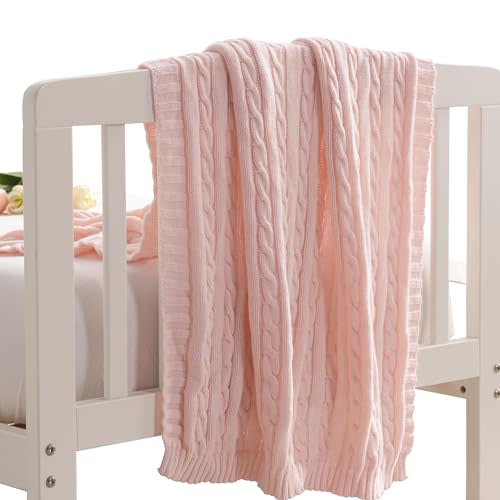 NTBAY 100% Pure Cotton Cable Knit Toddler Blanket, Super Soft Warm Breathable 30x40 Baby Blanket for Crib, Stroller, Nursery, Travel, Newborn, 30x40 Inches, Baby Pink