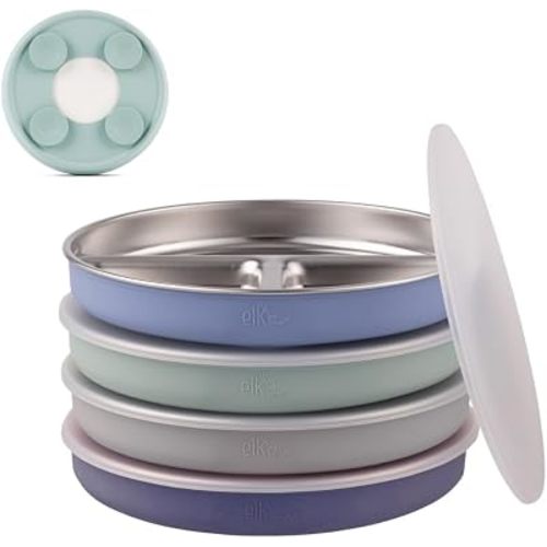 Elk and Friends Kids/Toddler 7.8" Stainless Steel Divided Plate + Lid | 4pk