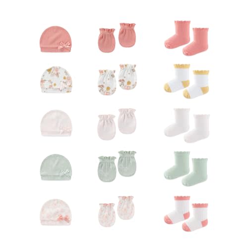 BABYSOLIS 15 Pack Infant Hats Gloves Socks Unisex Baby Boy Girl Accessories Set Cotton New Born Caps Mittens