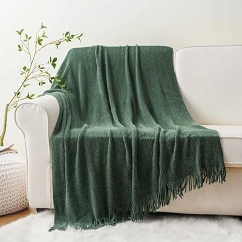 BATTILO HOME Dark Green Throw Blanket for Couch, Soft Chenille Knit Throws with Tassels for Home Decor, Spring Green Throws for Couch Cover, 50"x60"