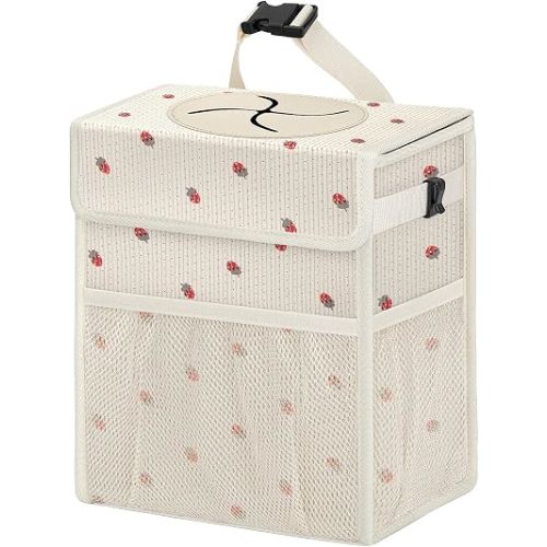 Corduroy Car Trash Can with Lid and Mesh Pockets