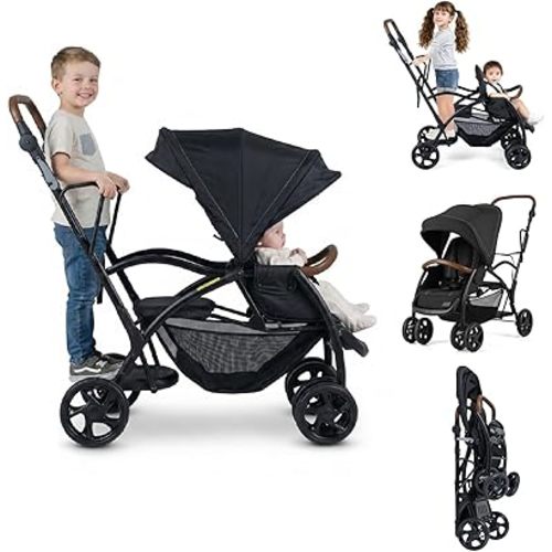INFANS Sit and Stand Double Stroller, Foldable Tandem with Standing Platform Reclining Backrest, Adjustable Handlebar and Footrest, Storage Basket 5-Point Harnesses, Baby Pushchair for Toddlers