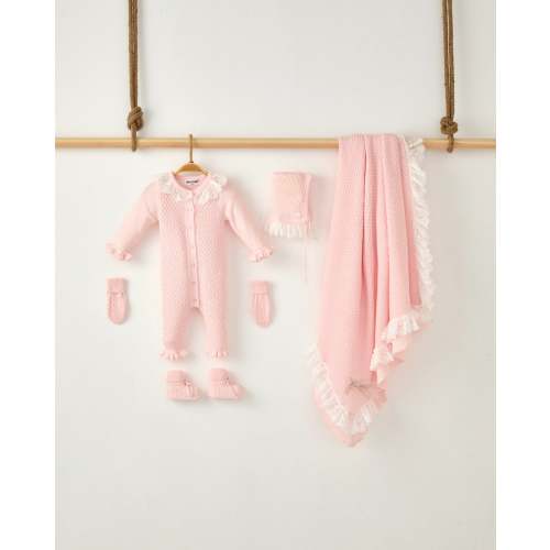 MI LOVES SIGNATURE Beautiful Pink 5 piece Hospital/Coming home set with Lace frill details(including Blanket/Romper/Mittens/Booties/Hat)
