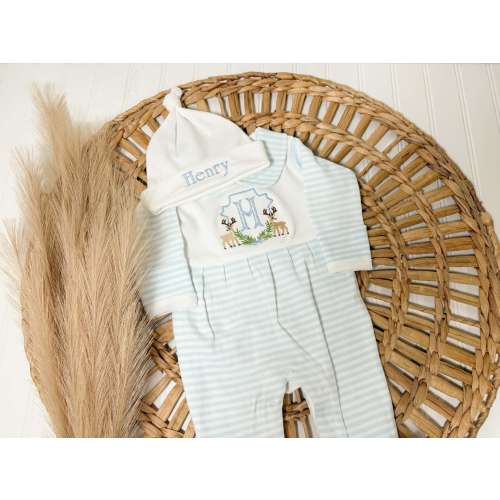 Baby Boy Coming Home Outfit, Deer Crest Monogram Blue Stripe Footie