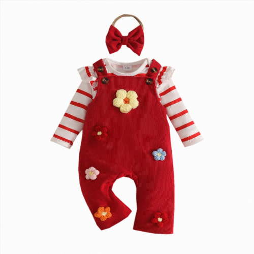Kogui Newborn Girl Outfits Clothes Baby Girl Newborn Outfit Ruffle Ribbed Romper Floral Pants Set 0 3 6 9 12 18 Months (Red,0-3 Months)
