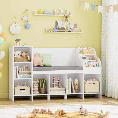 Homfa Kids Bookcase with Reading Nook, Wooden Kids Bookshelf and Storage Toy Cube Organization with Adjustable Shelf, 31.5'' H x 54.5'' W, White