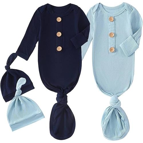 OPAWO Knotted Gown Baby Newborn Sleepers Baby Boy Coming Home Outfit, Bamboo Viscose Baby Gowns with Mitten Cuffs and Hat Set