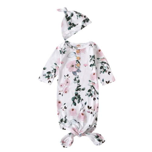WIBACKER Baby Girls Nightgowns Milk Silk Sleeper Bag Newborn Coming Home Outfits Floral Knotted Gown with Hat