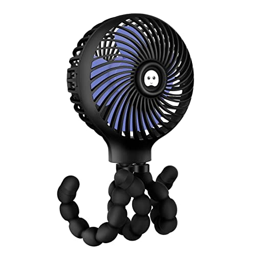 TRELC Mini Stroller Fan, 19H Ultra-long Battery Life, Personal Handheld Clip on Portable Rechargeable Fan with Flexible Tripod, Gift for Children Baby Office Room Car Travel BBQ Gym (Black)