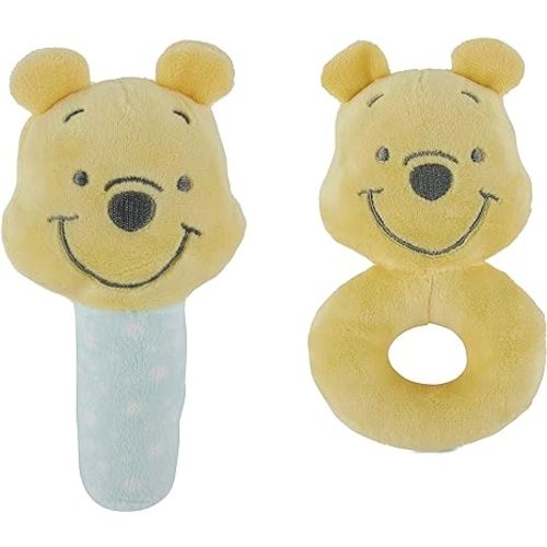 Disney Winnie The Pooh Assorted Plush Lovie Rattle Set Pack of 2 - Soft and Cuddly Plush Material, Built-in Rattle for Sensory Stimulation,Vibrant Colors and Intricate Details