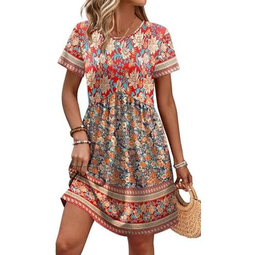 OFEEFAN Spring Dresses for Women 2026 Short Sleeve Crew Neck Casual Dresses Empire Waist Maternity Dress with Pockets