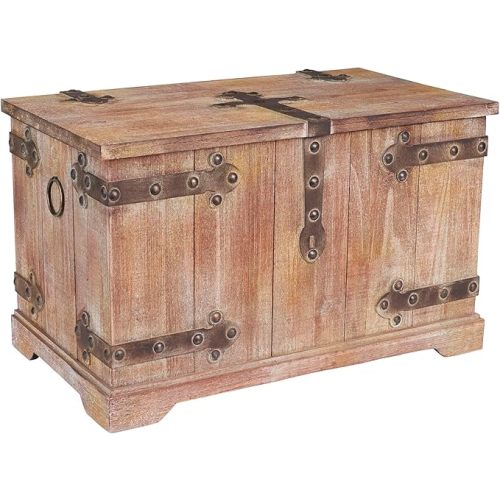Household Essentials Decorative Trunk, Victorian, Large, Chinese Fir Wood, Aged-Wood Finish with Metal Accents, Fully Opening Lid, Stout Design, Ring Handles