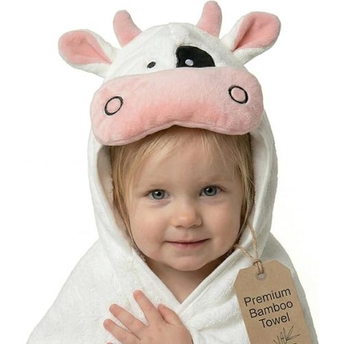 POCASOPA Hooded Towel with Cute Cow Design - Rayon Made from Bamboo Baby - Ultra Soft, Absorbent & Hypoallergenic - Large 35x35” Organic Towel for Newborns, Toddlers & Kids