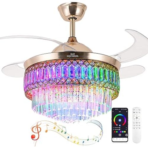 Retractable Crystal Ceiling Fan with Lights and Remote/APP Control, Bluetooth Ceiling Fan with Speaker, 6-Speed Reversible Blades, RGB Light, Invisible Fandelier for Bedroom Dinning Room 42"