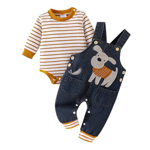 Baby Boy Clothes Fall Winter Outfits Long Sleeve Striped Romper Cute Cartoon Jeans Overalls Pants Set 0-18 Months