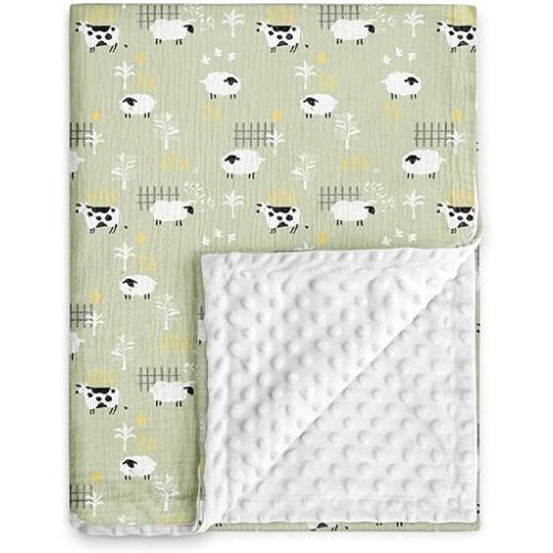 GLLQUEN BABY Blankets for Unisex Newborn Super Soft Nursery Minky Blankets with Muslin Cotton Front and Dotted Fleece Backing, Happy Little Sheep, 30 x 40 inches