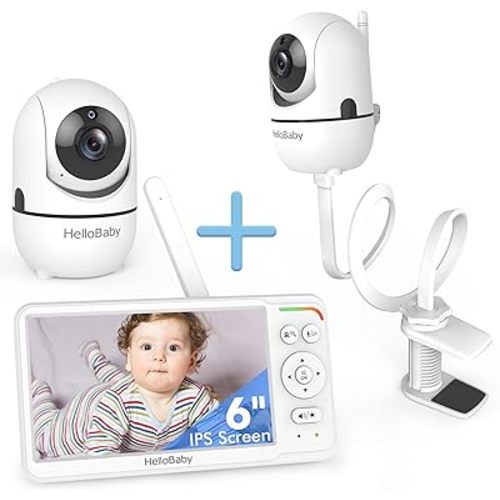 HelloBaby World's First 6" IPS Split Screen Baby Monitor with 2 Cameras - No WiFi, 30hr Battery, 355° Pan-Tilt, Night Vision, 1000ft, Portable Travel Video Audio Monitor with with Clip Clamp Mount