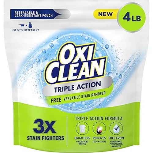 OxiClean Triple Action Free Versatile Stain Remover Powder, Use with Detergent, No Fragrance, No Dyes, No Phosphates, No Chlorine, Removes Stains, Brightens Colors and Whites, 4 lbs